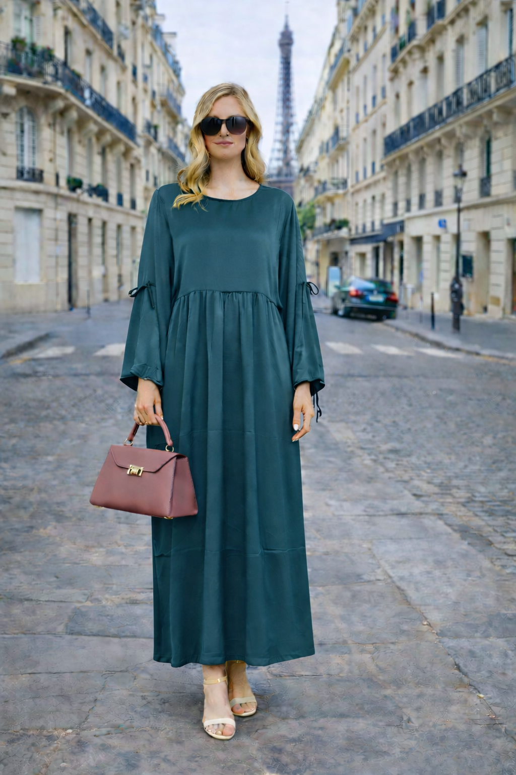 Robe Longue Satinée Coupe Empire Manches Ajustables - MY2527