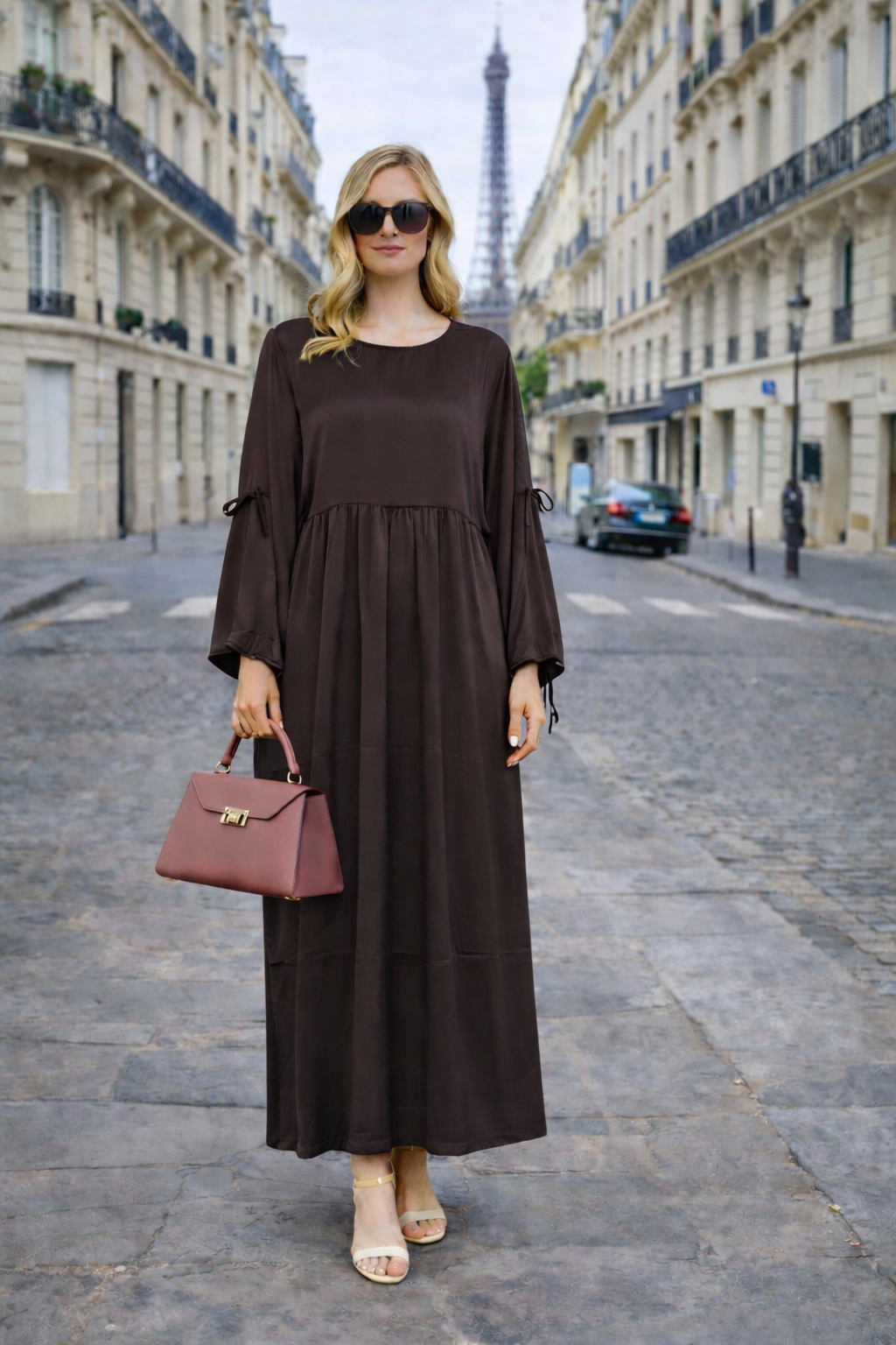 Robe Longue Satinée Coupe Empire Manches Ajustables - MY2527