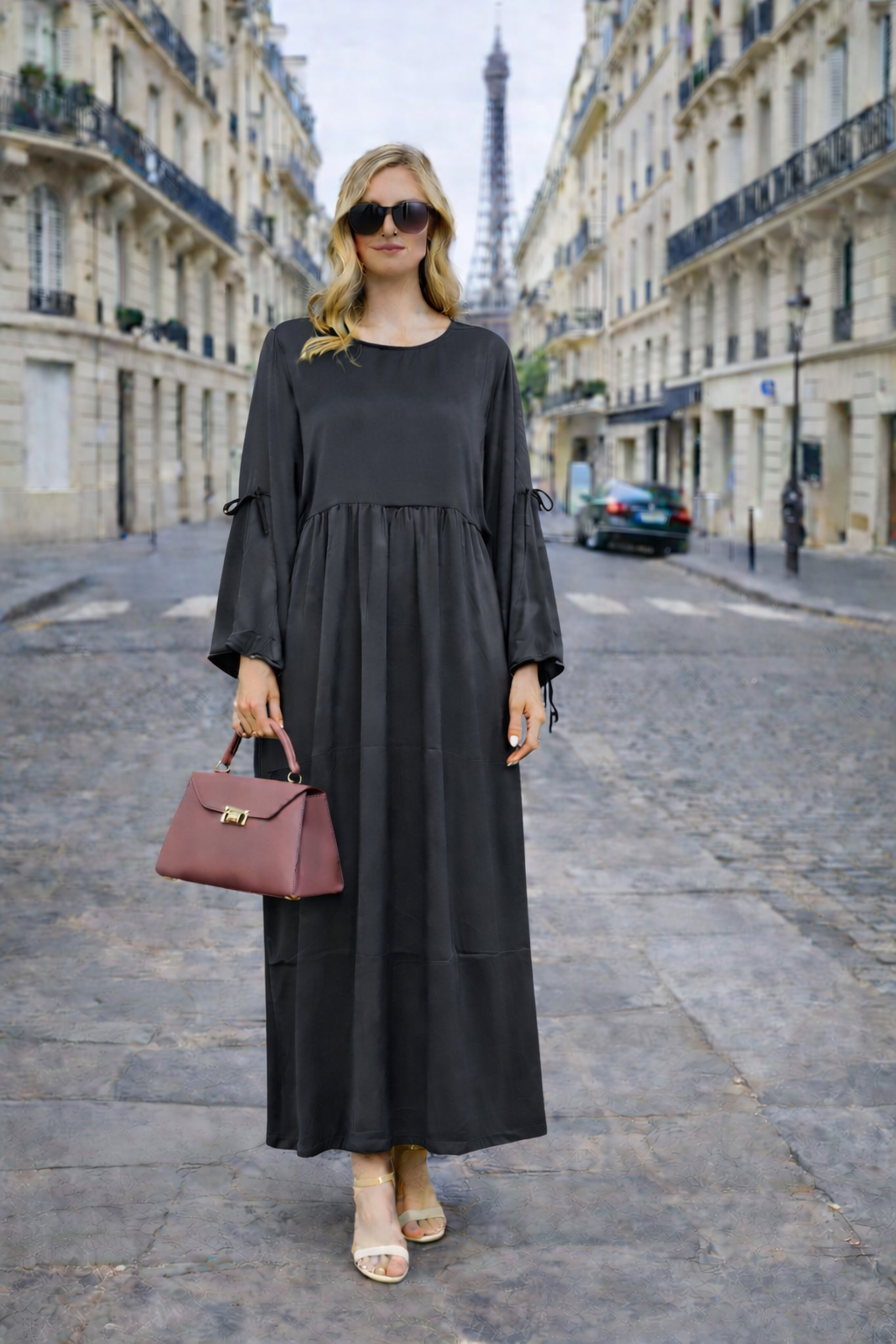 Robe Longue Satinée Coupe Empire Manches Ajustables - MY2527