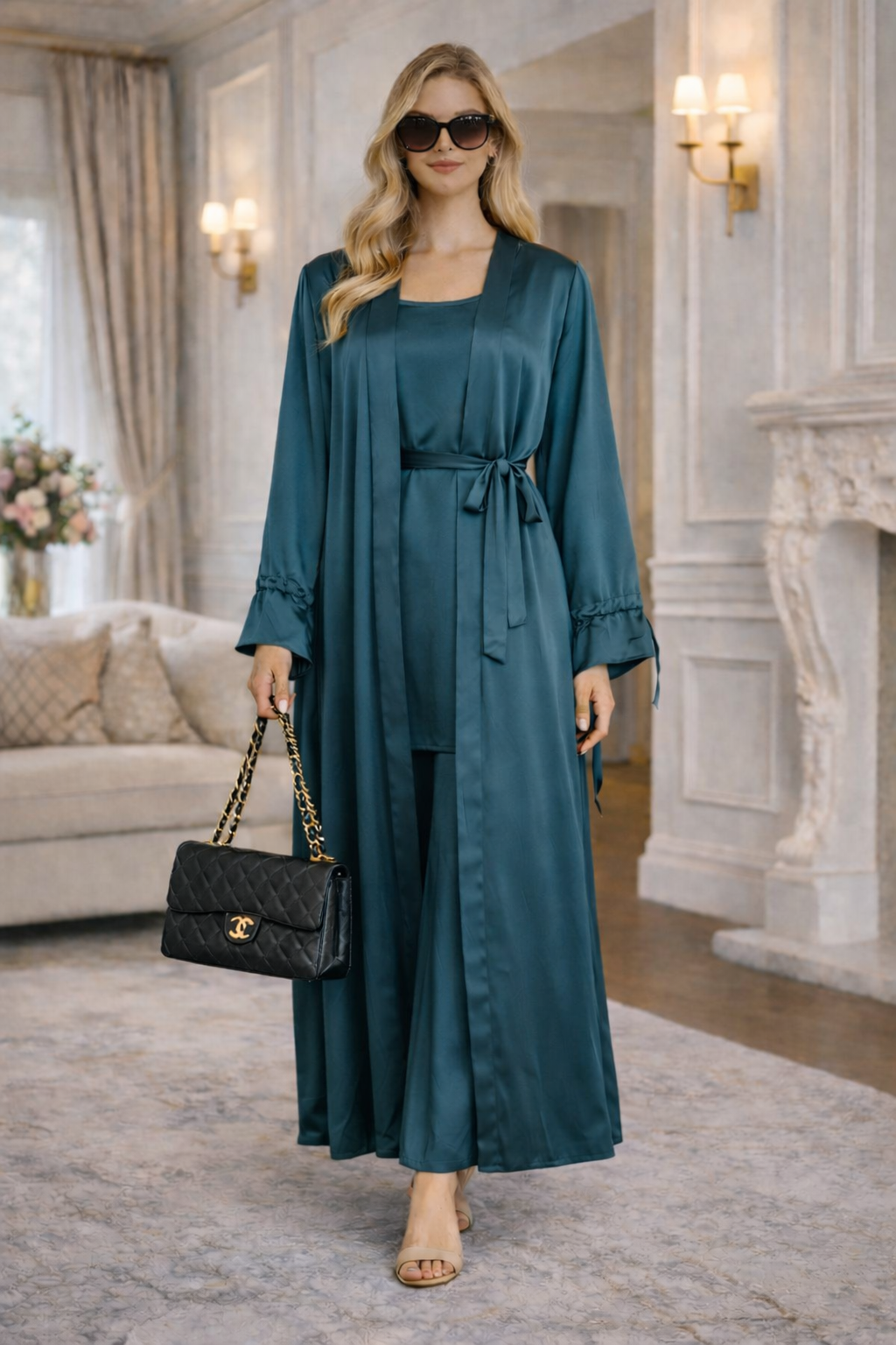 Ensemble Satiné 2 Pièces Kimono & Robe Sans Manches - MY2537