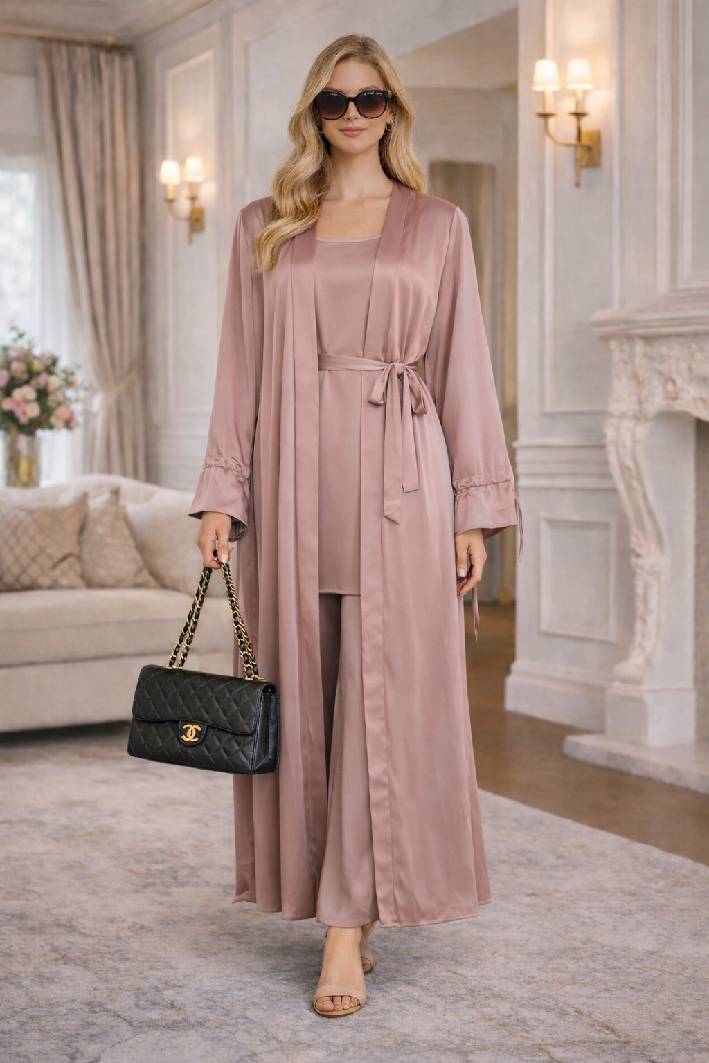 Ensemble Satiné 2 Pièces Kimono & Robe Sans Manches - MY2537