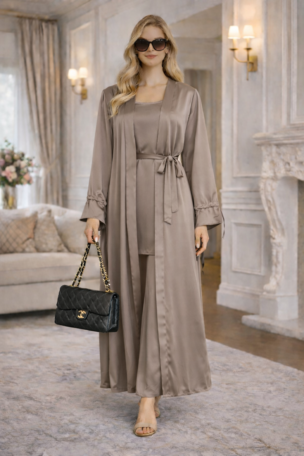 Ensemble Satiné 2 Pièces Kimono & Robe Sans Manches - MY2537