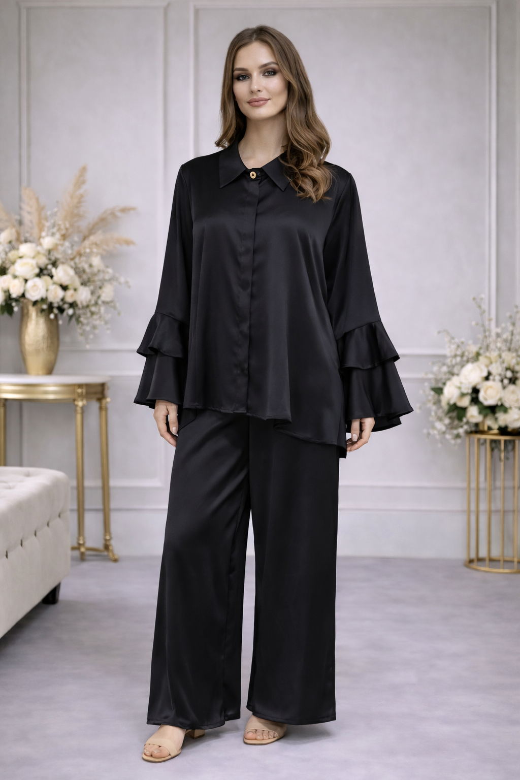 Ensemble Fluide Chemise & Pantalon à Manches Volantées - MY2542
