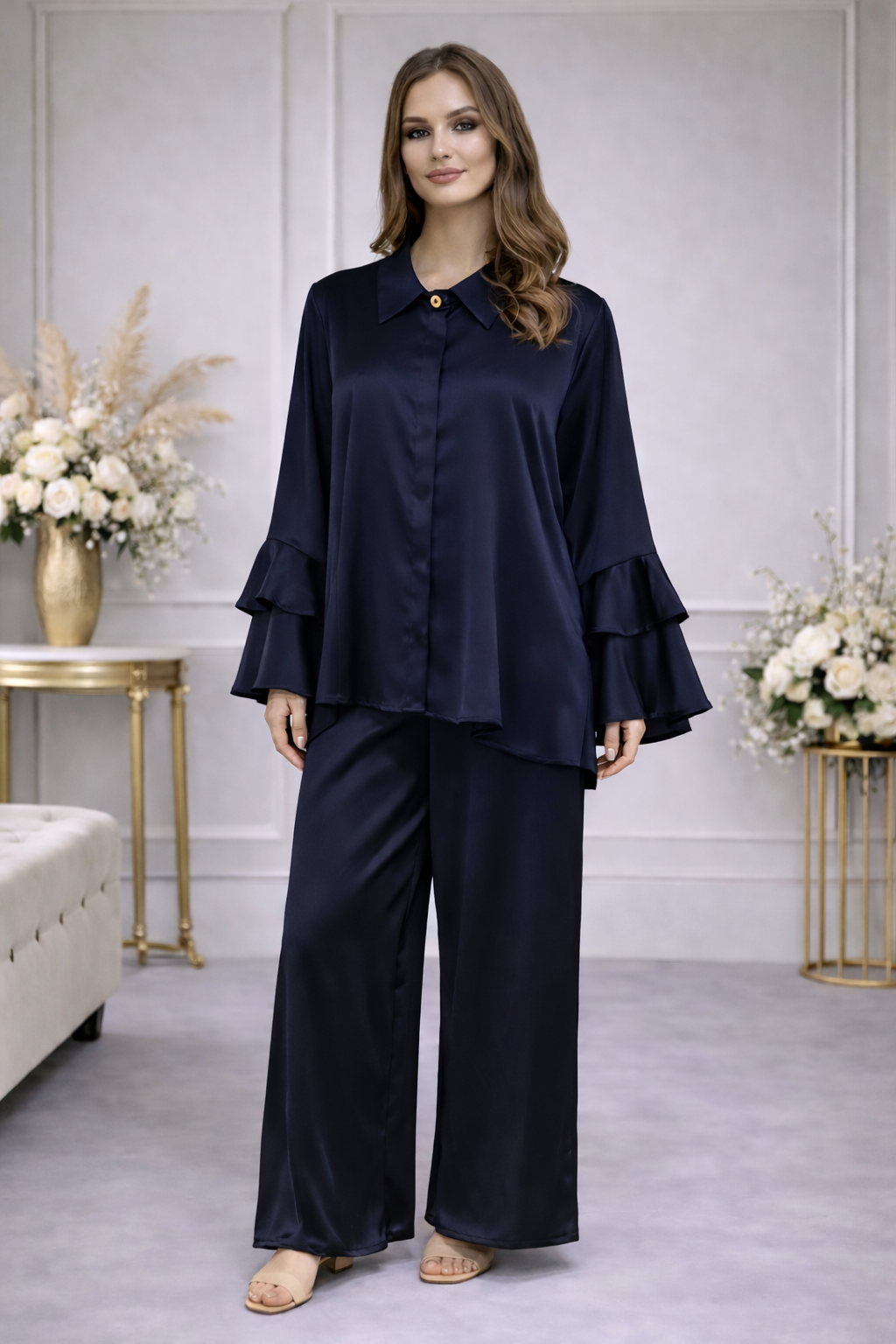 Ensemble Fluide Chemise & Pantalon à Manches Volantées - MY2542