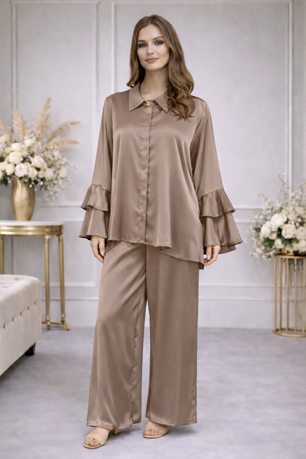Ensemble Fluide Chemise & Pantalon à Manches Volantées - MY2542