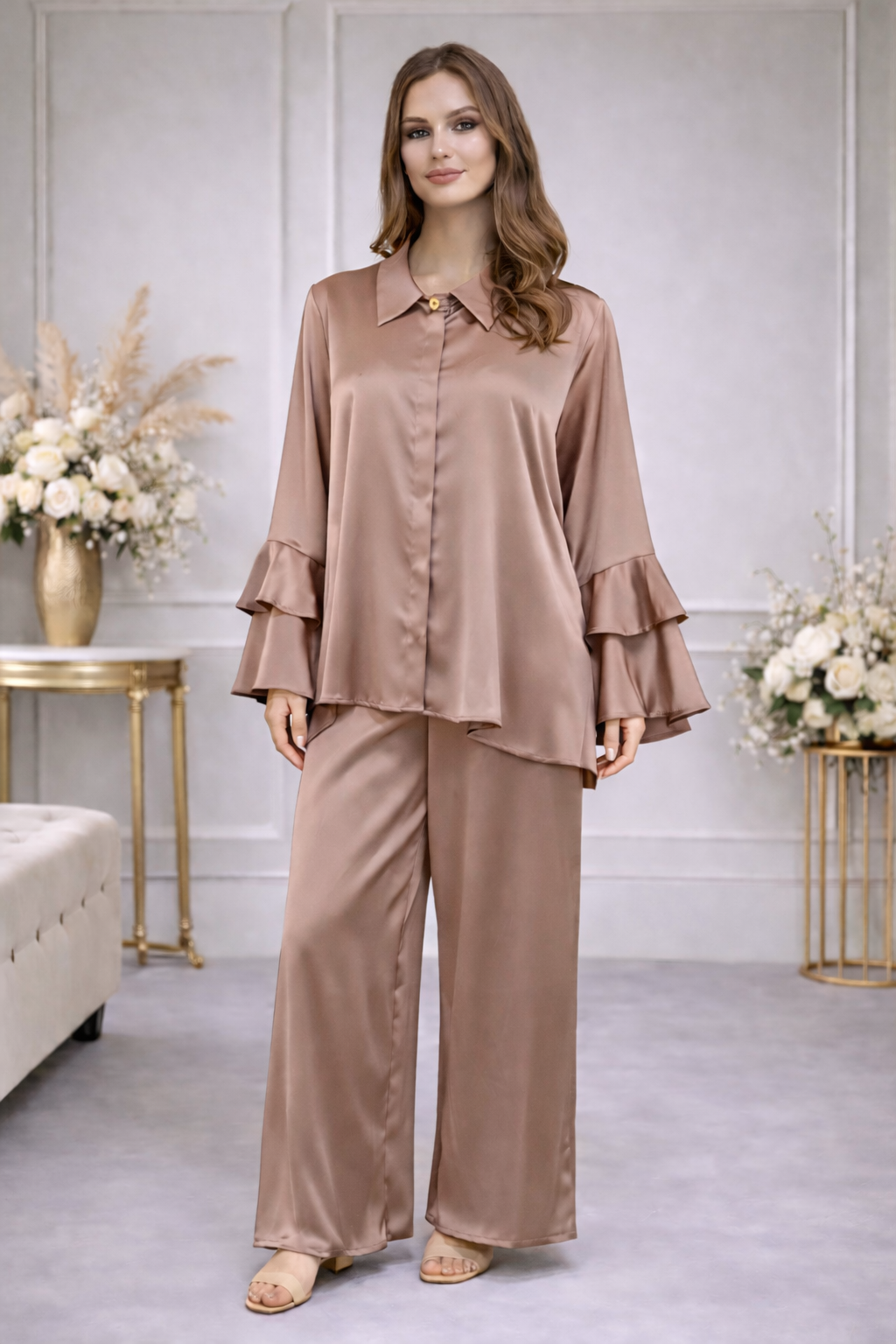 Ensemble Fluide Chemise & Pantalon à Manches Volantées - MY2542