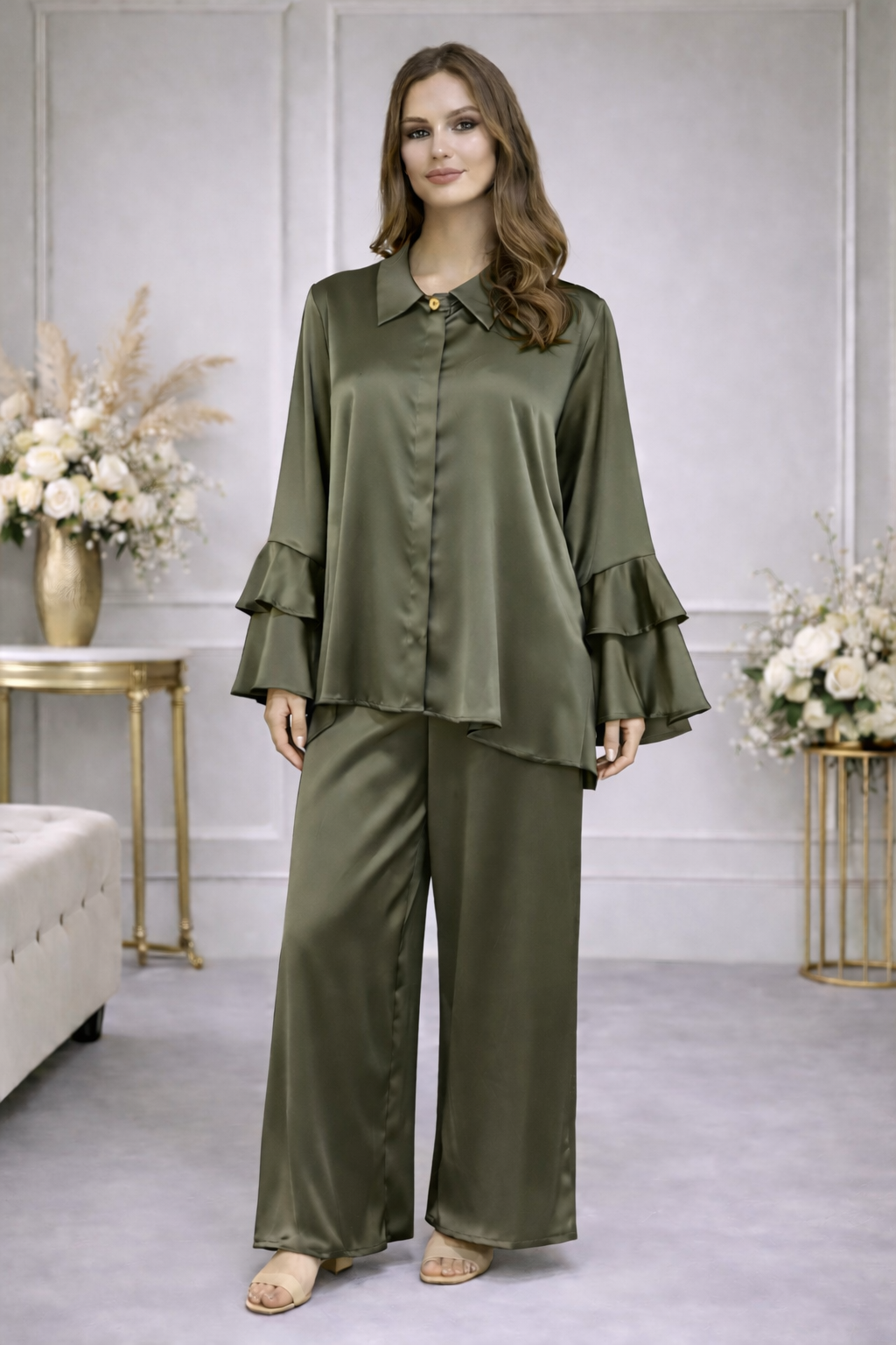 Ensemble Fluide Chemise & Pantalon à Manches Volantées - MY2542