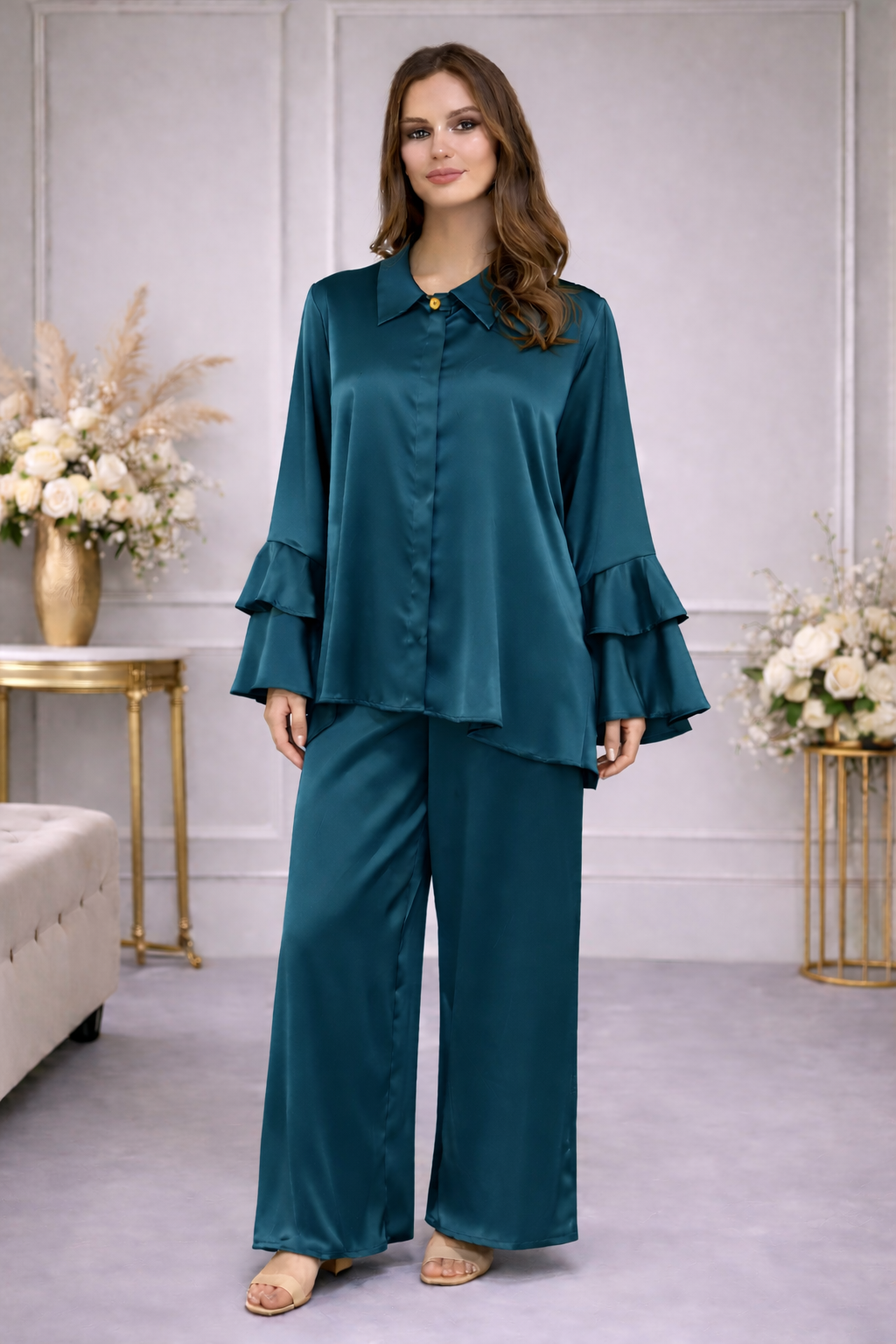 Ensemble Fluide Chemise & Pantalon à Manches Volantées - MY2542
