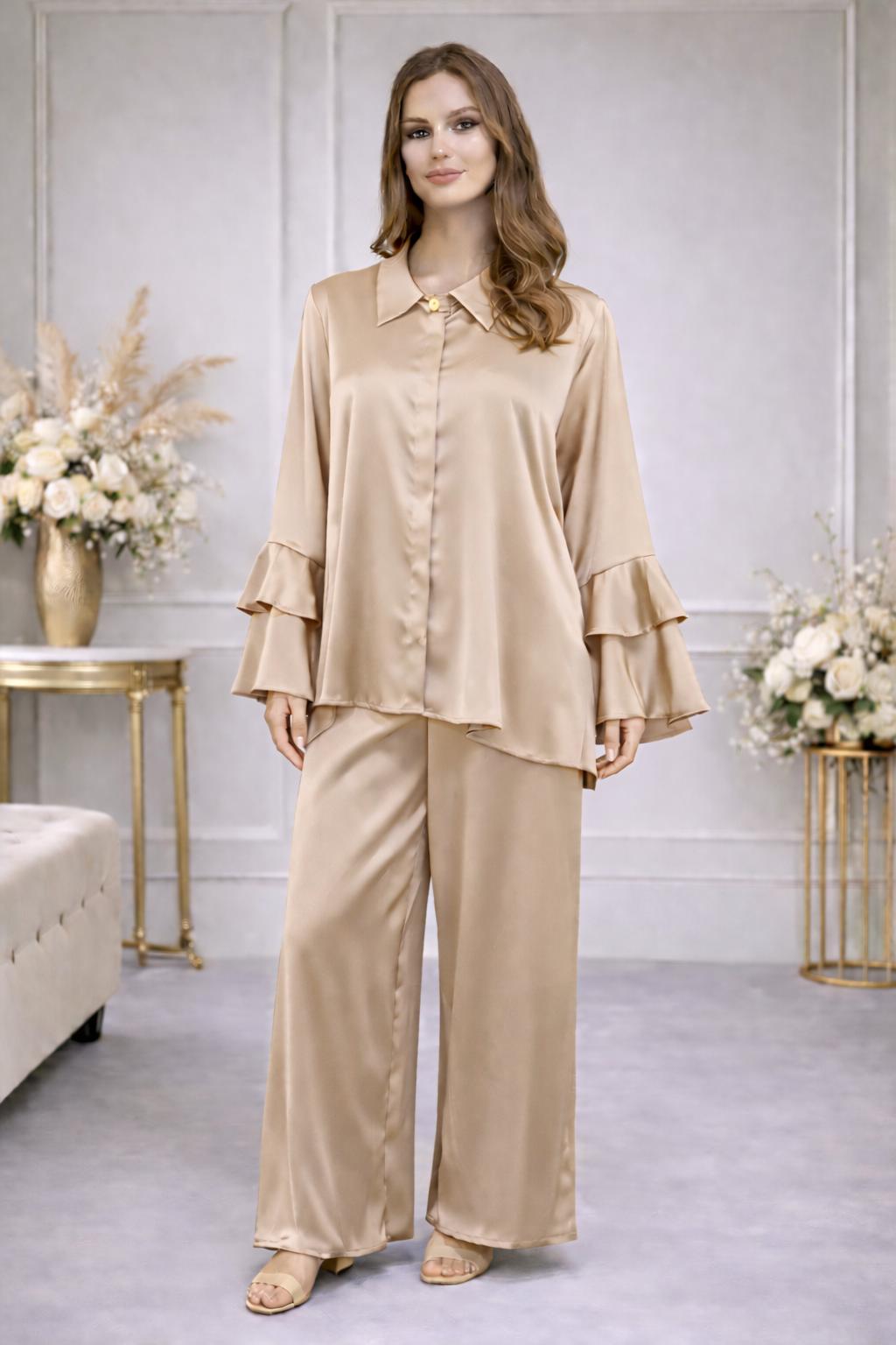 Ensemble Fluide Chemise & Pantalon à Manches Volantées - MY2542
