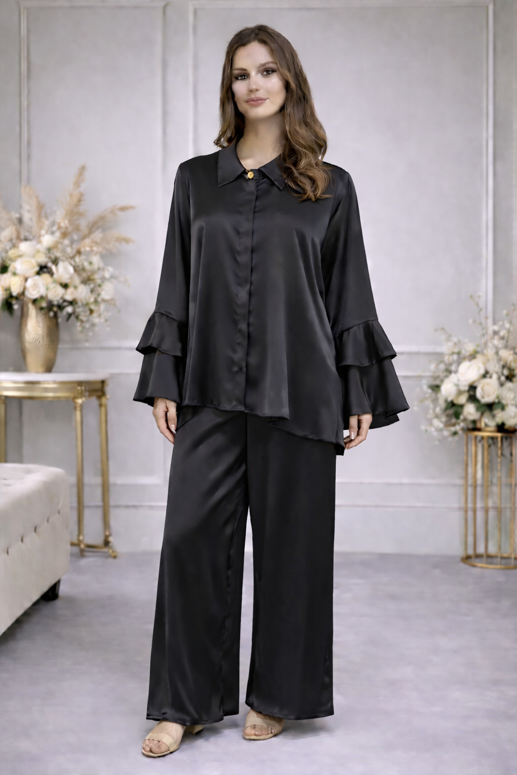 Ensemble Fluide Chemise & Pantalon à Manches Volantées - MY2542