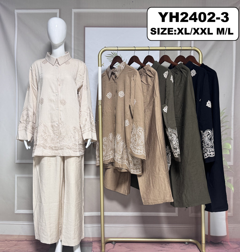 Ensemble bohème uni & broderies – tunique + pantalon - YH2402-3
