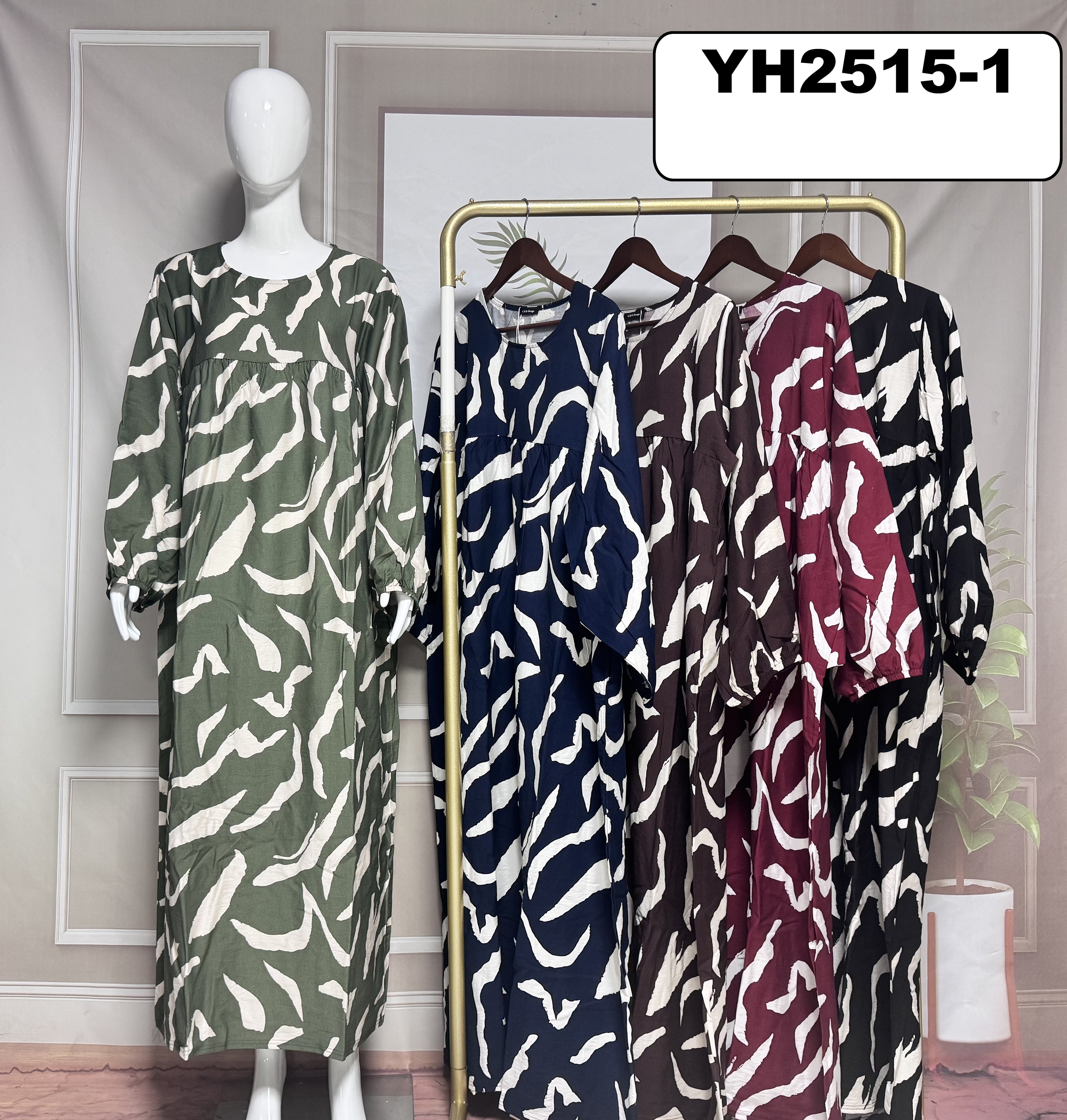 Robe longue et manches ballon fluide imprimée style bohème - YH2515-1