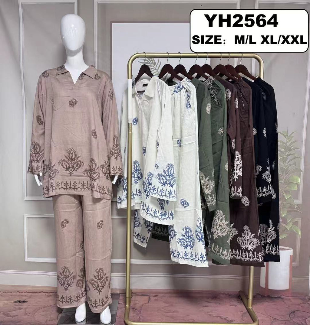 Ensemble chemise brodée + pantalon fluide - YH2564